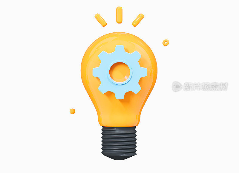 3D Innovation idea concept. Lightbulb with gear. Success solution. Lamp with cog. Teamwork progress. Implement business idea. Cartoon creative design icon isolated on white background. 3D Rendering